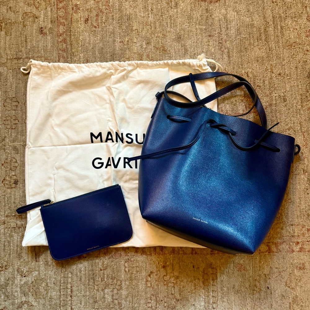 Mansur Gavriel Blue Leather Bucket Bag - Large